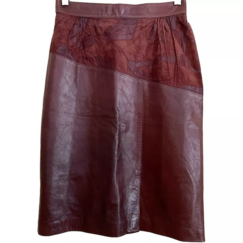 Vintage Burgundy Patchwork Leather Pencil Skirt